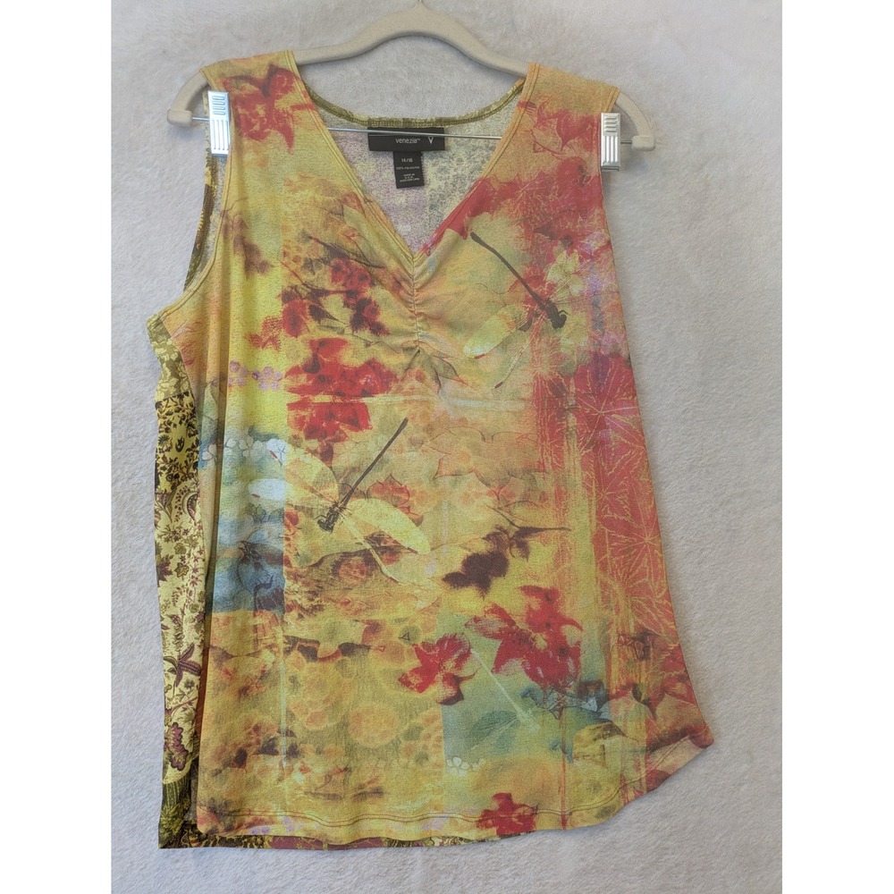 Venezia Tank Top Women's 14/16 Multicolor Dragonfly Floral Ruched Artistic